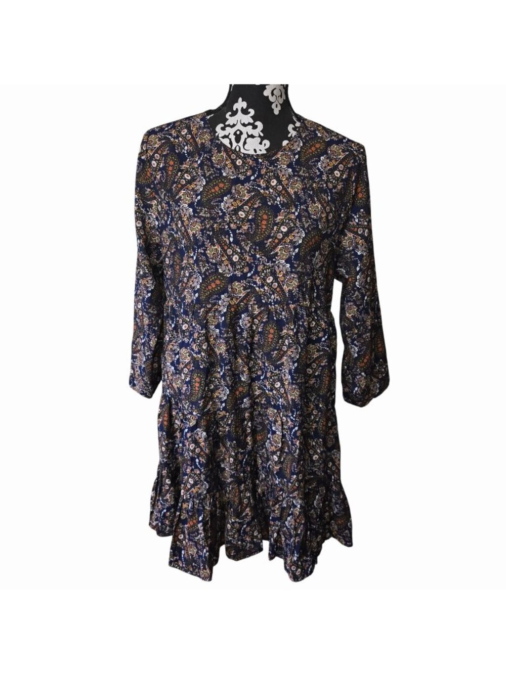 Natural Life M Boho Tunic Dress Blue Paisley Cottage Core Peasant Flowy